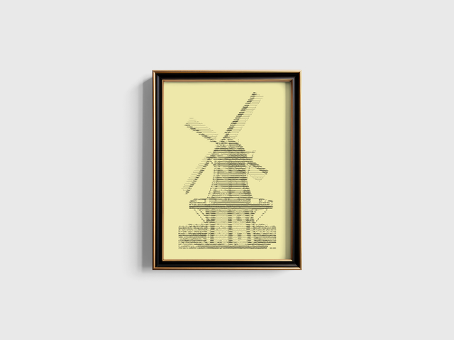 A3 Schreibmaschinenbild Windmühle in Schwarz auf Elfenbein