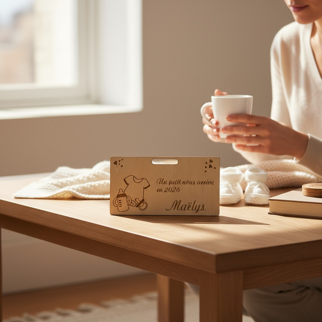 Carte cadeau enveloppe surprise annonce grossesse Biberon, en bois gravé