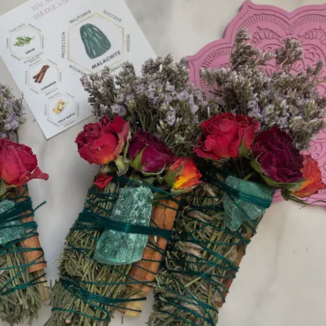 Malachite, Palo Santo, Juniper, and Cinnamon Smudge Stick