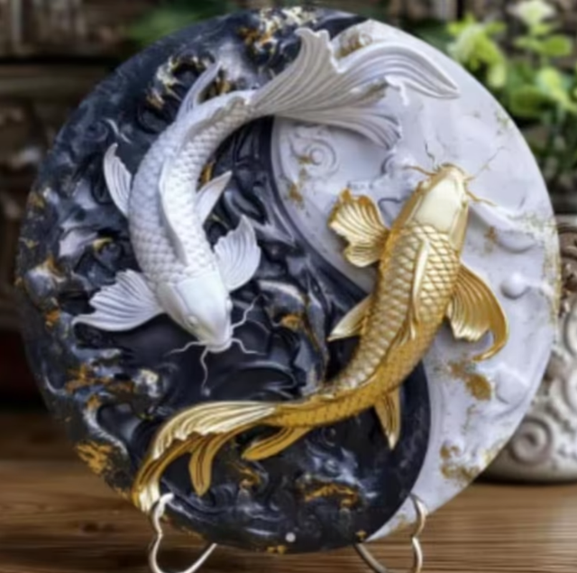 Vintage rond metalen bord Yin Yang Karpers (20cm)