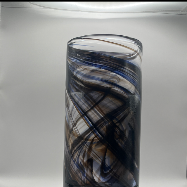 Whitefriars – Large Streaky Cylinder Vase, Pattern 9783, Clear with Purple &amp; Blue