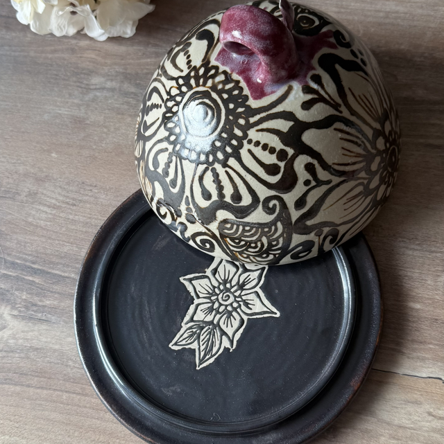 Butter Dish Cheese Cover with hand-painted henna patterns