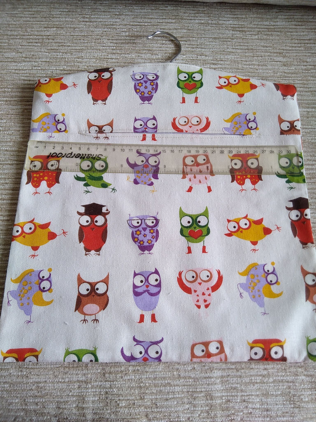 Handmade Owl Print Fabric Peg Bag Storage Hanging Bag fully lined with removable wooden hanger