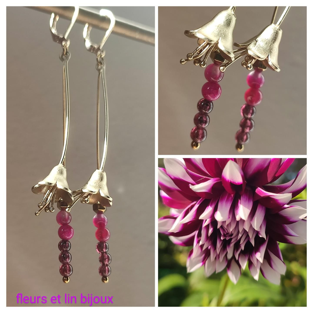 Clochette dorée, agate rose &amp; grenat, fermoirs en acier inoxydable doré -sans nickel, pièce unique 