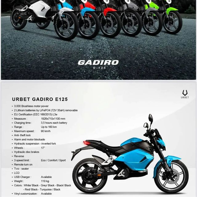 90 km/t URBET GADIRO E-125 3000W motorcykel, 3.5 timer strøm giver 160 km kørsel