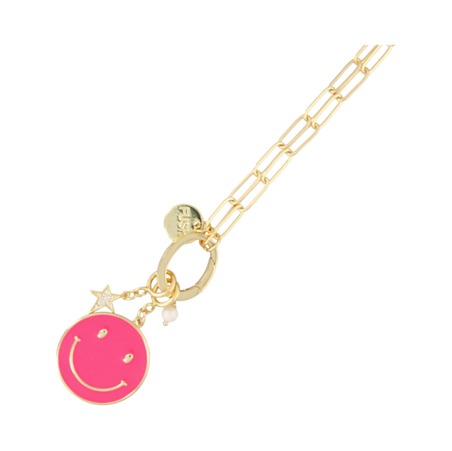 FUSHI KETTING SCHAKEL METAAL GOUD MET ENAMEL SMILEY XL FUCHSIA
