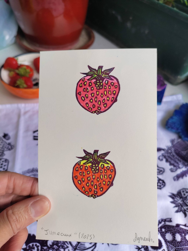 Fraise" jumeaux", impression et feutre 9 X14.5 cm