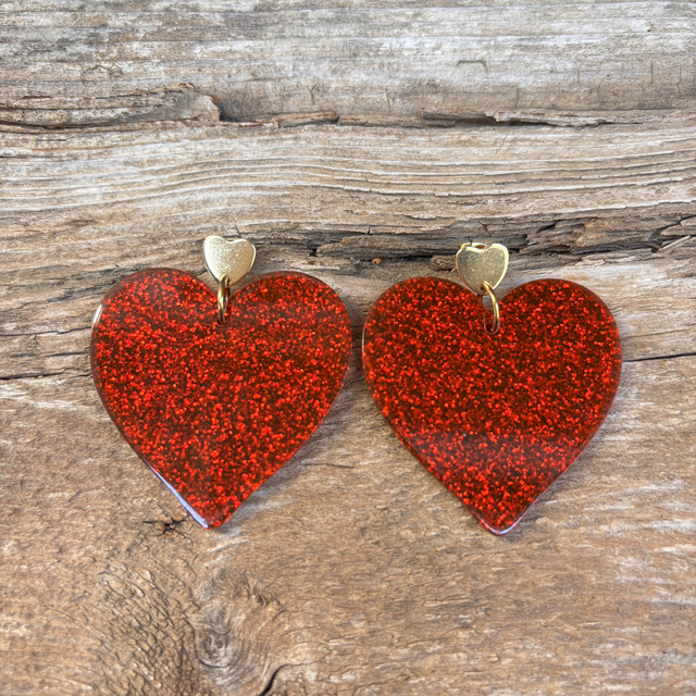 Boucles d’oreilles cœur pailleté rouge - GM
