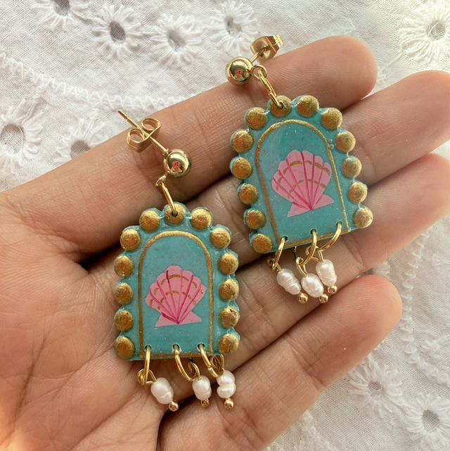 Pink Seashell Teal Glittery Arch Shaped Earrings with Rice Pearls