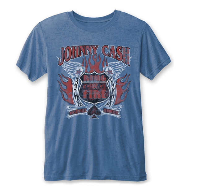 Johnny Cash 'Ring Of Fire' (Blue) Burnout T-Shirt - Small