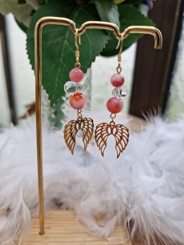 Boucles D&#039;oreilles Perles Calcédoine Ailes Acier Doré