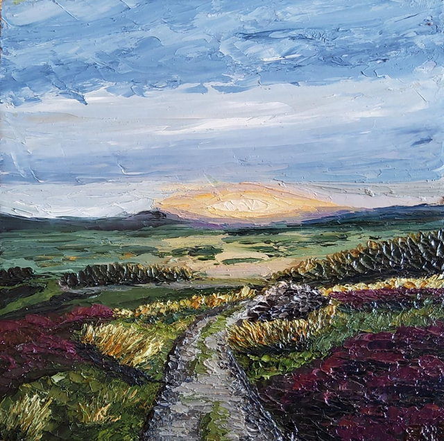 Sunset over the Vale of Mowbray. 6x6" original oil on wooden canvas.