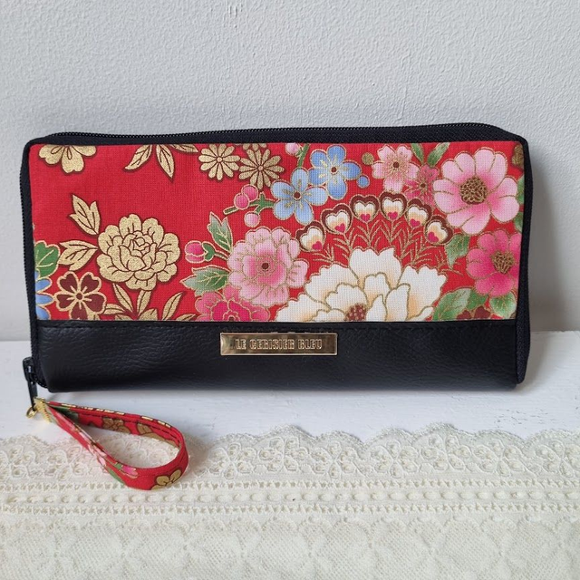 Portefeuille long zippé "Kanako" rouge & simili cuir noir