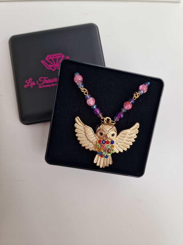 Collier Acier Doré Chouette Strass Multicolore Perles