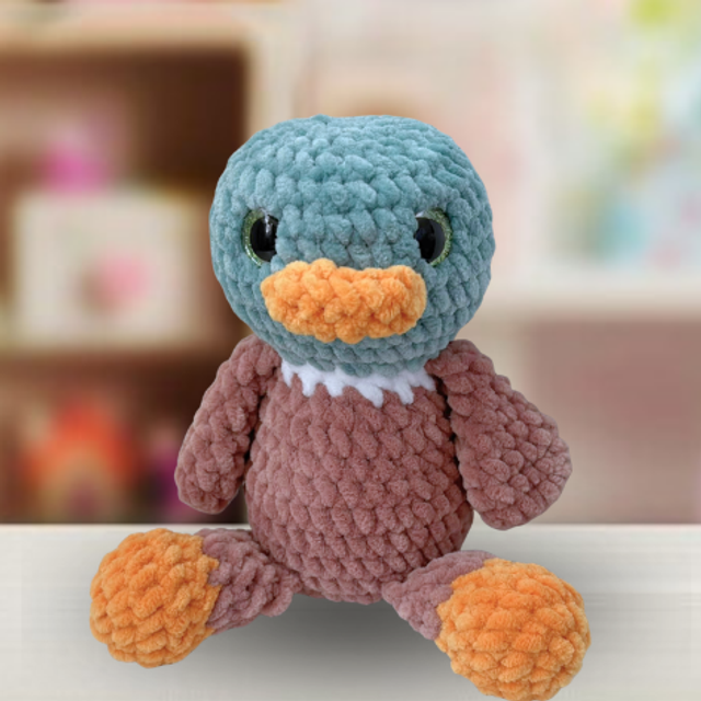 Crochet Chenille Mallard Duck Cuddle Buddy, Glitter Eyes, Ukca tested
