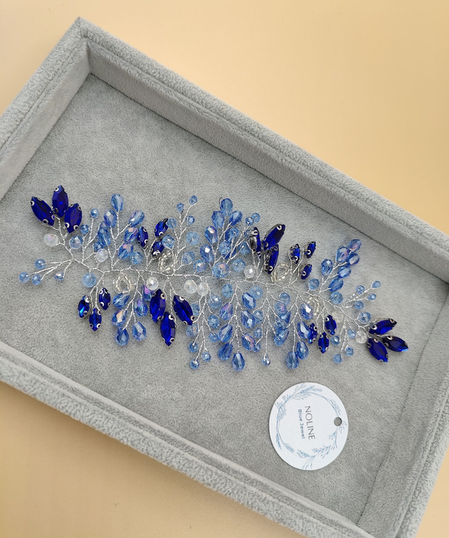 Bandeau de cheveux strass bleu et perles clair, bijou de cheveux pour mariée
