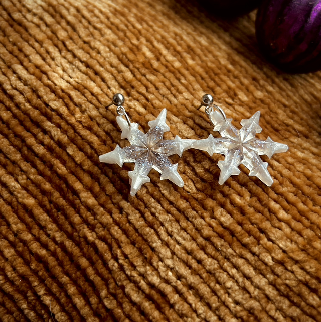 Snowflake Earrings Statement - White and Silver