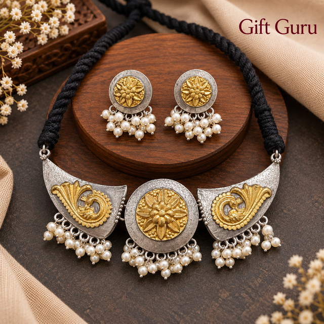 Dual-tone oxidised silver and gold-plated floral choker necklace