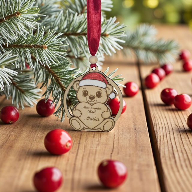 Boule de Noël en bois personnalisée - premier Noël, cadeau de naissance avec prénom, déco Ourson