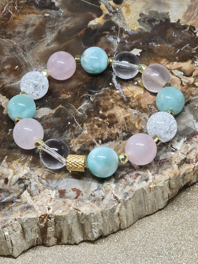 Bracelet Garniérite, Quartz rose, Cristal de roche XL en 1,2 cm 