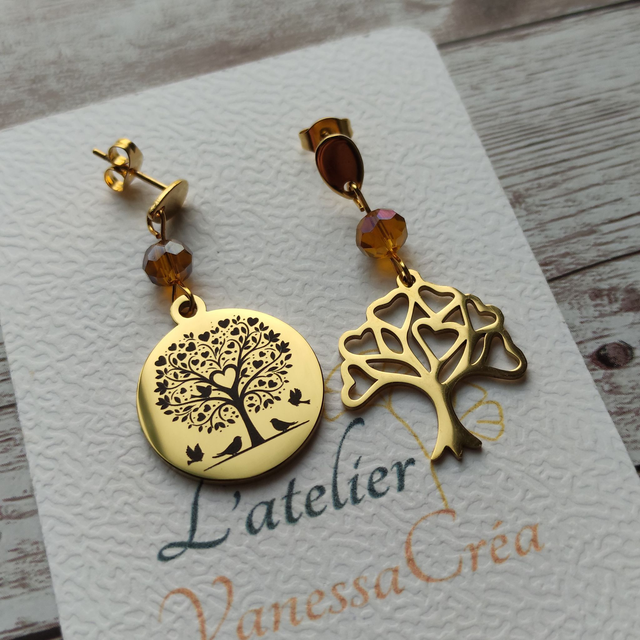 Boucles d&#039;Oreilles Asymétriques &quot;Arbre de Vie &amp; Cœur&quot;