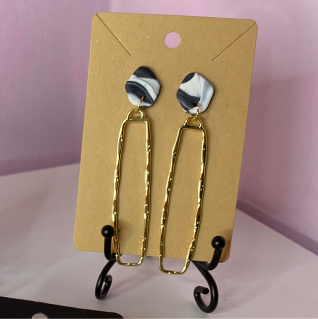 Black Marble Earrings With Gold Rectangular Accessories 