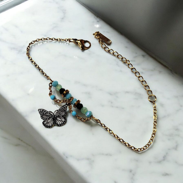 Bracelet acier inoxydable bleu turquoise noir et doré