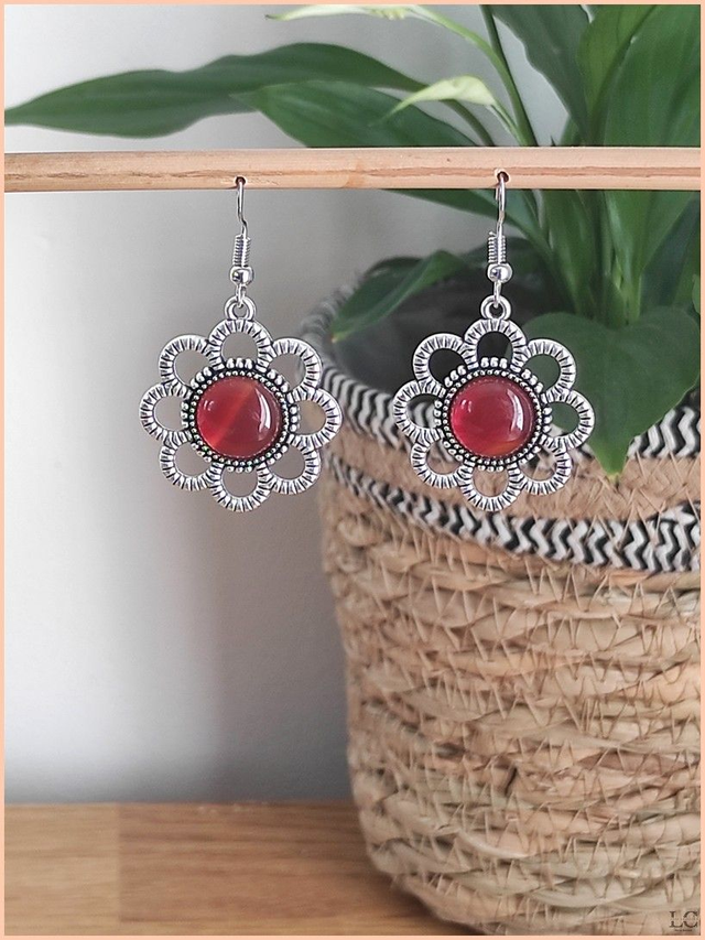 Boucles d&#039;oreilles crochet, pierre naturelle - Agate rouge