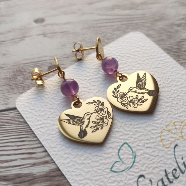 Boucles Cœur Colibri &amp; Améthyste
