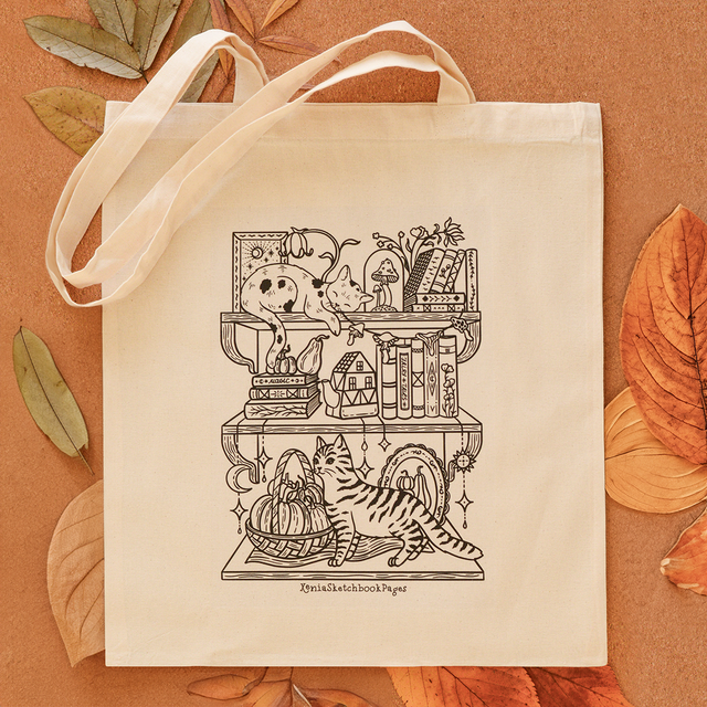 &#039;&#039;Autumn Bookshelves&#039;&#039; cotton shopping bag