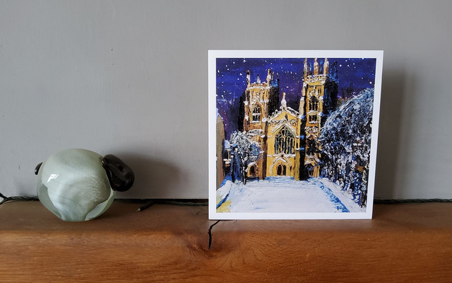 Christmas card featuring snowy York Minster. 6x6" christmas card. 