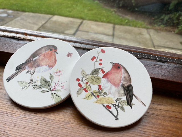 Set of 2 Ceramic Coaster. Robin with Chinese crabapples. Ceramic coasters set for bird lover💕