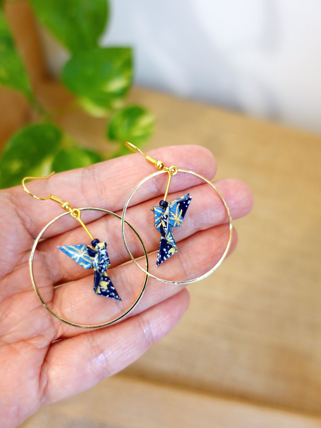 Oiseaux, Colombe en Origami / Papier japonais washi / Bleu, Or / Créole, Anneaux /  Boucles d&#039;oreilles / Bijou origami /