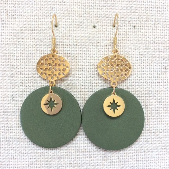 Boucles d’oreilles « Contrebasse » dorées, cuir vert olive