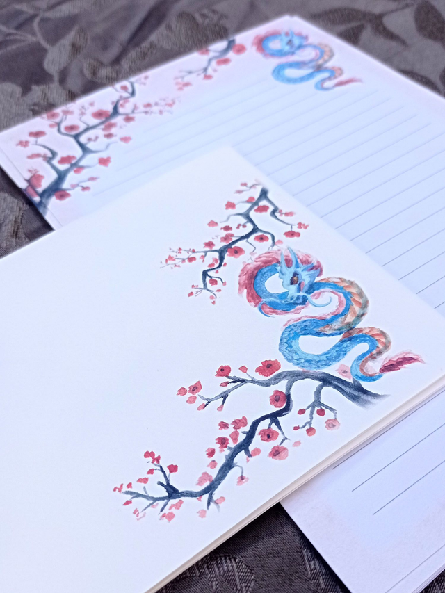 Papier à lettres et enveloppes – Dragon japonais & cerisiers en fleur