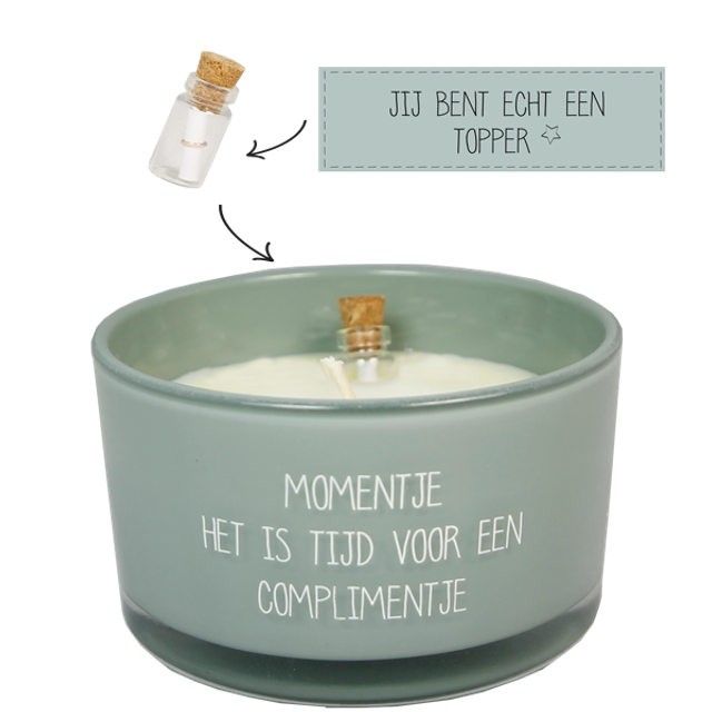 Geurkaars met flessenpost | Momentje, het is tijd voor een complimentje