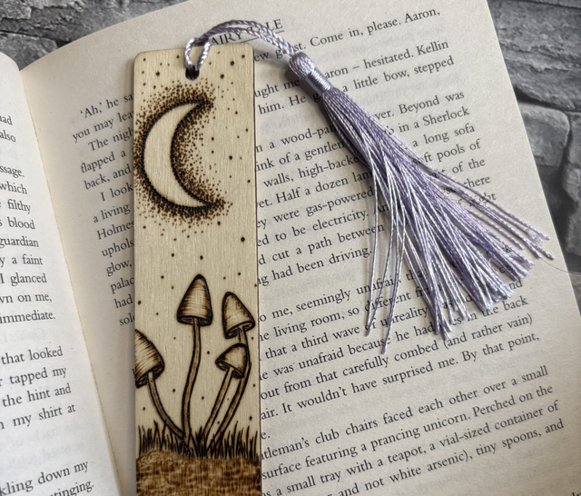 Mushroom cluster and crescent moon bookmark. Pyrography. Handburnt. 