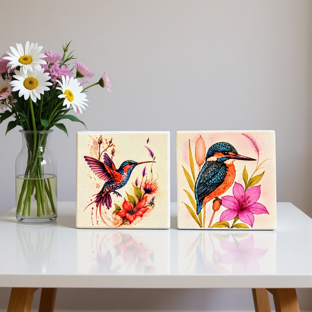 A set of two ceramic coasters featuring a hummingbird and kingfisher in vibrant colours