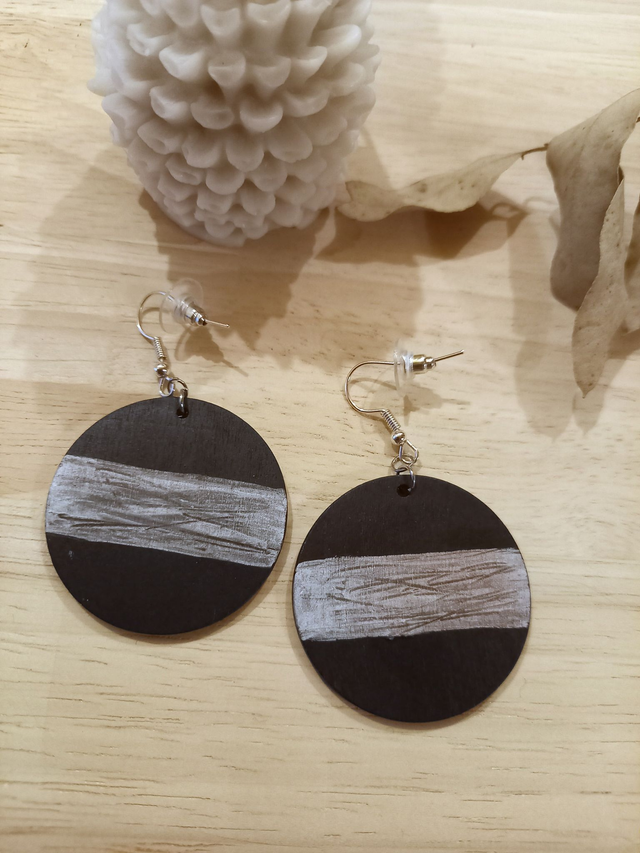 Boucles d&#039;oreilles Bois - rond bicolore - noir / gris