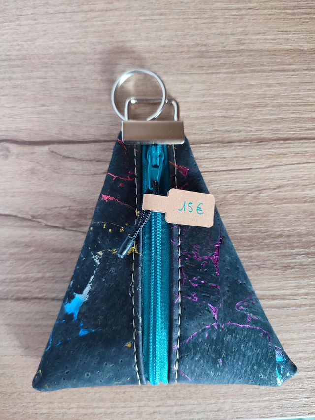 Porte monnaie/clefs Berlingot en liège noir à paillettes zip bleu