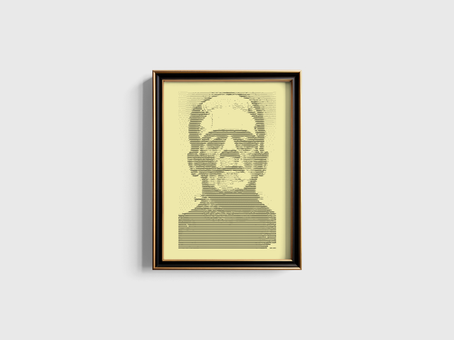 A3 Schreibmaschinen-Porträt Frankensteins Monster in Schwarz auf Elfenbein