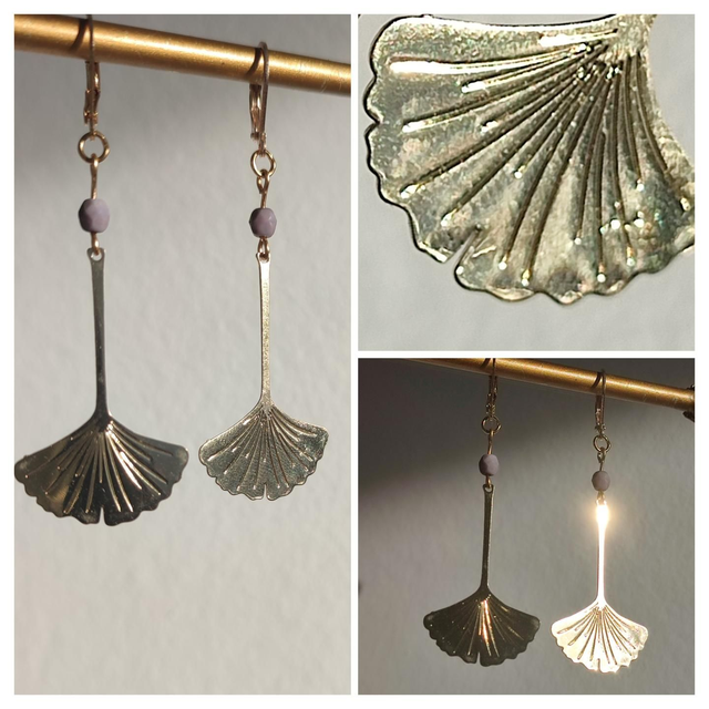 Z-&quot;Ginkgo&quot; boucles en acier inoxydable doré et perles de verre or &amp; violine, pièce unique,-sans nickel 