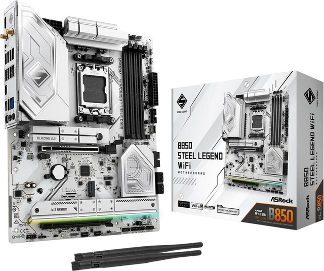 02.2.0120 – Scheda Madre ASRock B850 Steel Legend WiFi – ATX mid‑range bianca/argento con WiFi 7 per Ryzen 7000/8000/9000
