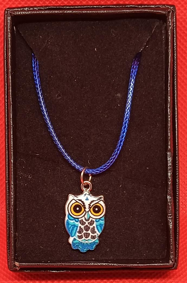 Enamel Blue &amp; White Owl Pendant Necklace.