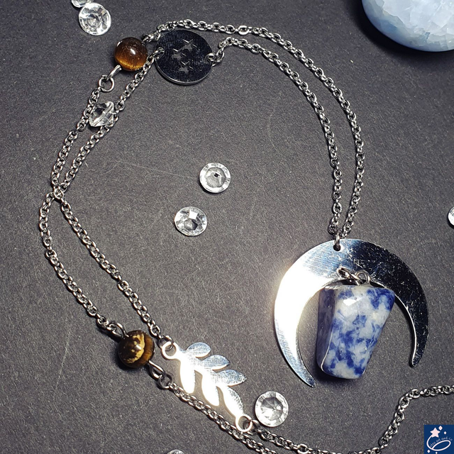 Sautoir en acier inox, améthyste et oeil de tigre