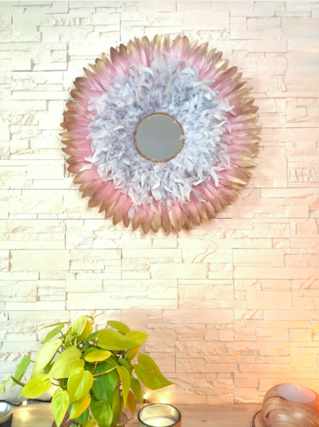 Jujuhat plumes roses et grises et jute dorée