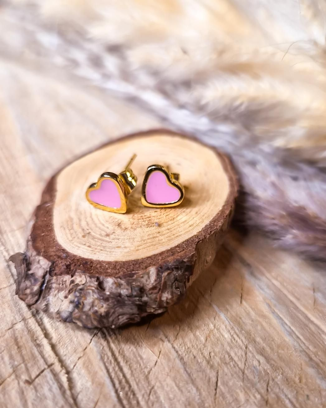 Boucles d'oreilles puces "Petits coeurs" - Modèle rose et doré