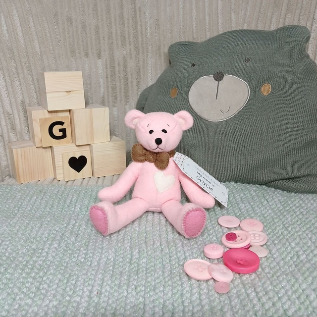 Gracie. Small size. 100% wool felt, hand-sewn teddy bear. UKCA toy. Baby pink. Brown. Cream. Mid pink.