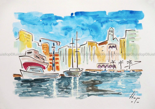 coses de l'Ametlla, aquarel·la original 21x30 - vista de l'Ametlla i la drassana nova