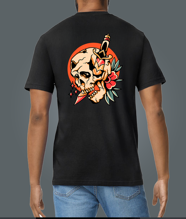 Traditional Tattoo Style Broken Skull Black Soft Spun Patterned T-Shirt